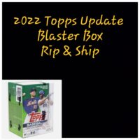 Advertisement for a 2022 Topps Update Hanger Box featuring New York Mets players, with text "rip & ship" above the product image.