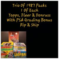 Three sealed baseball card packs from 1987 by 2022 Topps Chrome Hobby Box, fleer, and donruss, displayed with a text overlay mentioning psa grading bonus, rip & ship.