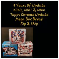 Three 2022 Topps Chrome Hobby Boxes with PSA Grading Bonus - See Details, displayed with a text overlay announcing a "mega box break rip & ship" event.