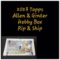 2023 Topps Allen & Ginter Hobby Box featuring a baseball player illustration, positioned on a black background with text about the product above.