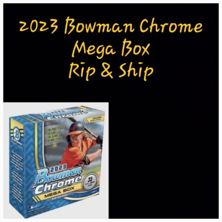 Product advertisement for a 2023 Bowman Chrome Mega Box featuring baseball cards, displaying the packaging with an iconic Ken Griffey Jr. 36 Spot Group Break With PSA Bonuses image.