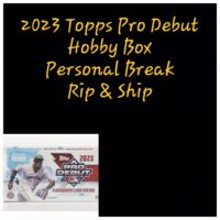 Promotional image for the 2023 Topps Update Blaster Box featuring a "personal break rip & ship" service, depicting the box with a baseball player on the cover.