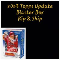 2023 Topps Update Blaster Box advertised for "rip & ship" featuring an image of a baseball player on the packaging.