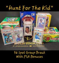 Display of assorted baseball cards featuring Ken Griffey Jr. and packaging titled "hunt for the kid" with text advertising a Ken Griffey Jr. 36 Spot Group Break With PSA Bonuses.