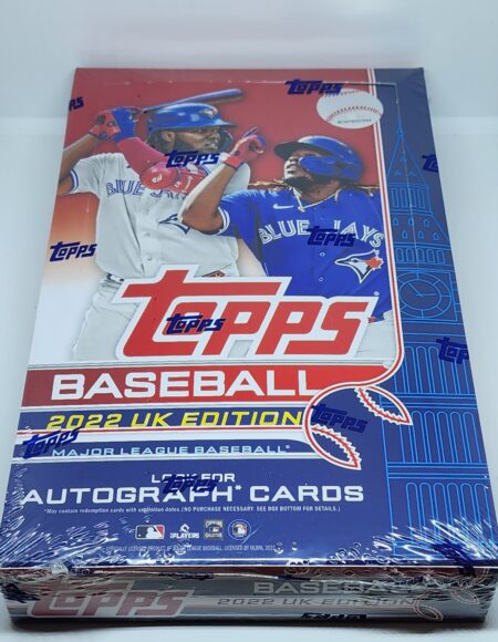 A sealed pack of 2022 Topps UK Edition - By The Pack Personal Break major league baseball cards, featuring vibrant graphics of players and team logos.