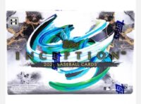 Promotional image for the 2023 Topps Inception - Personal Box Break, featuring abstract blue and green swirl designs and the product name.