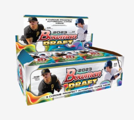Sentence with Product Name: 2023 Bowman Draft Jumbo Box featuring images of players, logos, and decorative graphics promoting chrome prospect autograph cards.