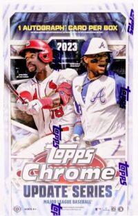 2023 Topps Chrome Update Hobby Box - From A Sealed Case featuring illustrations of two MLB players in action, one from the Cardinals and one from the Braves.