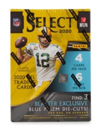 A pack of 2023 Panini Prizm Blaster Box featuring an image of Aaron Rodgers in his Green Bay Packers uniform, with text indicating "4 cards per pack" and "6 packs per box.