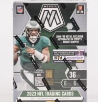 A 2023 Panini Prizm Blaster Box featuring an image of a football player in green and white uniform, various promotional texts, and logos.