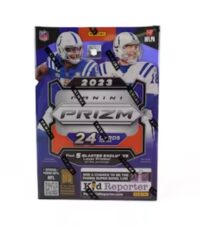 A 2023 Panini Prizm Blaster Box featuring two football players in white and blue uniforms, the box advertises 24 cards and an exclusive offer.