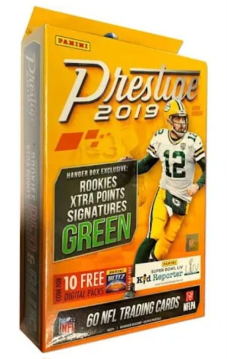 A box of 2023 Panini Prizm Blaster Boxes featuring a football player in a yellow and green uniform on the packaging.