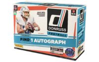 A 2023 Panini Prizm Blaster Box of football trading cards featuring an image of a player in action, with text promoting "find 1 autograph" per box.