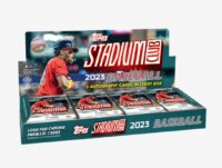 2023 Topps Stadium Club Hobby baseball card boxes featuring a player in action, labeled "2 autograph cards in every box.