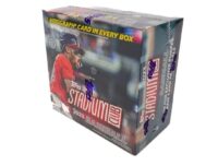 A sealed box of 2023 Topps Stadium Club Hobby baseball cards featuring a blurred image of a player swinging a bat on the packaging.
