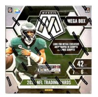 Packaging of a 2023 Panini Mosaic Mega Box featuring a football player in a green jersey with text promoting exclusive autographs and 42 trading cards inside.