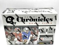 A sealed 2021 Panini Chronicles Draft Picks Mega Box featuring images of football players on the front.