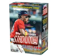 2023 Topps Stadium Club Blaster Box - Personal Break featuring an action shot of a player in a red uniform, highlighting the chance to find autograph cards.