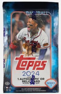 A 2024 Topps Series 1 Hobby Box featuring a jubilant player in a braves uniform celebrating on the field.
