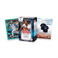 Three 2024 Topps Series 1 Fanatics Exclusive Blaster Boxes featuring baseball themes, one with an Atlanta Braves player, and promotional material.