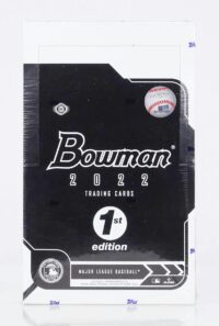 A sealed box of 2022 Bowman 1st Edition Hobby Box major league baseball trading cards, displayed against a white background.