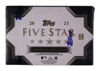 A 2023 Topps Five Star baseball card box featuring a bold, geometric design with the text "2 autograph cards per box" highlighted on a stylish black and gray background.