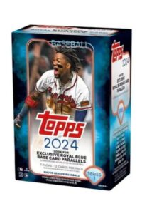 2024 Topps Series 1 Blasters - Standard Release/Holiday Inserts featuring an image of a baseball player celebrating, with text highlighting exclusive royal blue card parallels.