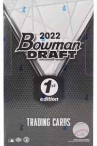 Packaging of 2022 Bowman Draft 1st Edition Hobby Box trading cards, featuring a graphic of a diamond and blue accents.