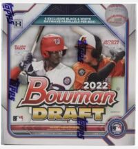 A 2022 Bowman Draft Lite Personal Box, featuring two players in orange and red jerseys, and a highlighted exclusive black-and-white raywave cards offer.