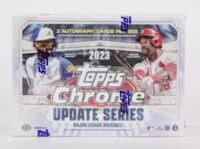 A 2023 Topps Chrome Update - Breakers Delight - From A Sealed Case major league baseball trading card box featuring two autograph cards, suitable for ages 6 and up.