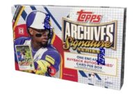 A 2024 Topps Archives Signature Series box featuring a baseball player in blue and yellow uniform, with text advertising an autographed card per box.