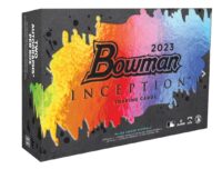 2023 Bowman Inception - 2 Autographs Per Box featuring a colorful, paint-splatter design and MLB licensing logos.