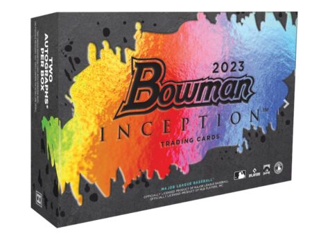 2023 Bowman Inception - 2 Autographs Per Box featuring a colorful, paint-splatter design and MLB licensing logos.