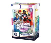 A case of 2024 Topps Big League Blaster Boxes featuring images of baseball players on the packaging.